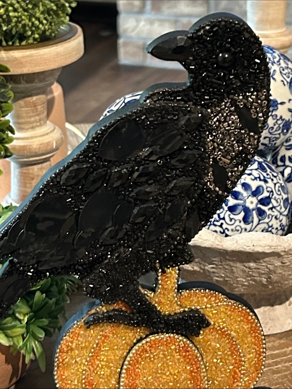 NEW! Vintage Inspired Beaded Black Raven Crow on Orange Fall Harvest Pumpkin